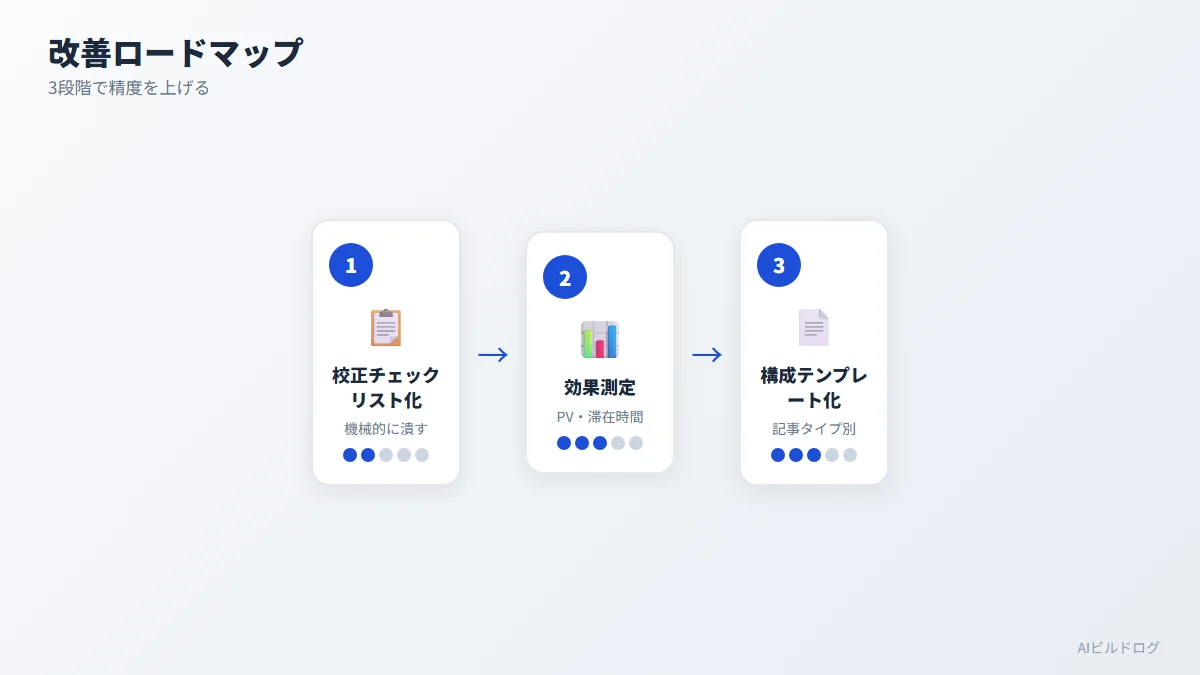 AIブログ自動生成ワークフローの改善ロードマップを3段階で示したステップ図